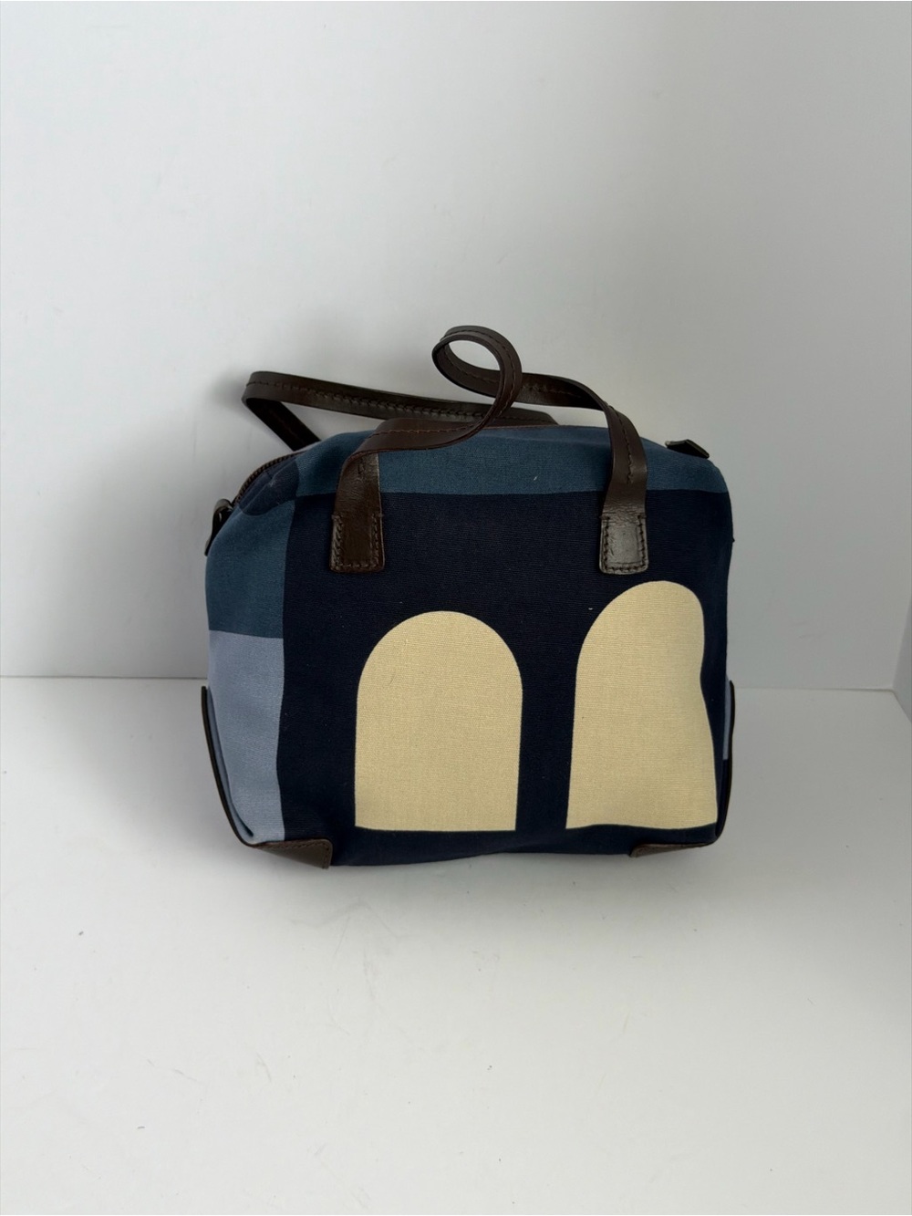 Bally Geometric Blue/Beige Colorblock Pattern Canvas Handbag